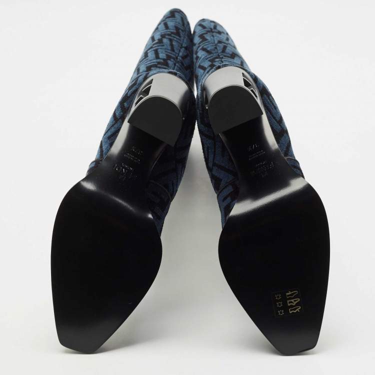 Pre Owned Fendi Blue/Black FF Chenille Jacquard Knee Length Boots Size 37.5