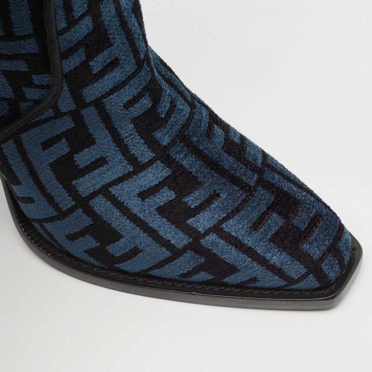 Pre Owned Fendi Blue/Black FF Chenille Jacquard Knee Length Boots Size 37.5