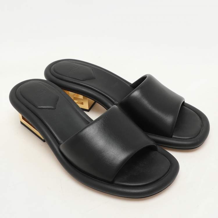 Pre Owned Fendi Black Leather Baguette Slide Sandals Size 37