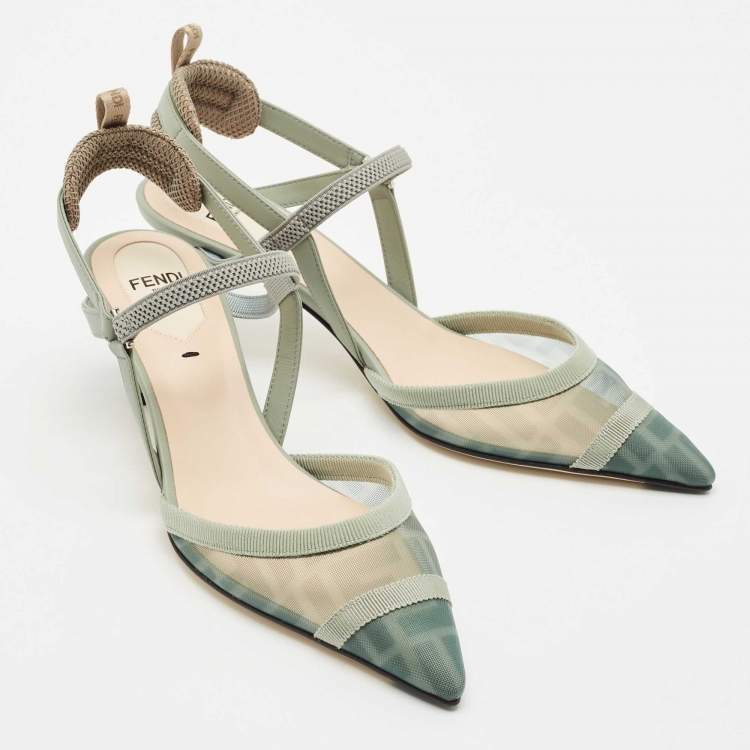 Pre Owned Fendi Green/Grey Zucca Mesh and Fabric Colibri Lite Slingback Pumps Size 36