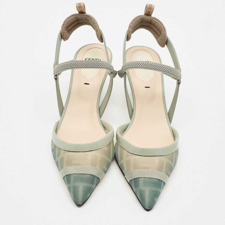 Pre Owned Fendi Green/Grey Zucca Mesh and Fabric Colibri Lite Slingback Pumps Size 36