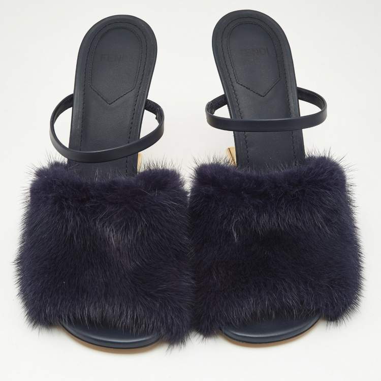 Pre Owned Fendi Navy Blue Mink Fur and Leather Fendi First Slide Sandals Size 39