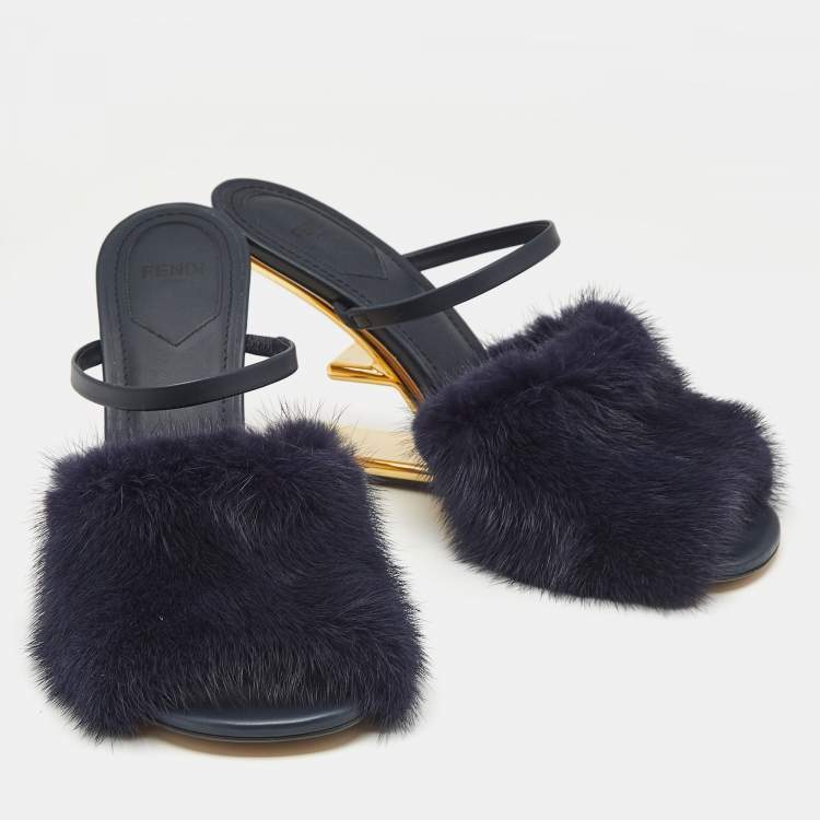 Pre Owned Fendi Navy Blue Mink Fur and Leather Fendi First Slide Sandals Size 39