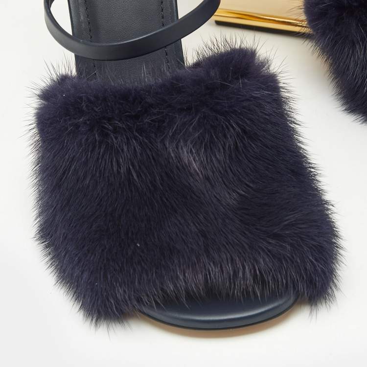 Pre Owned Fendi Navy Blue Mink Fur and Leather Fendi First Slide Sandals Size 39