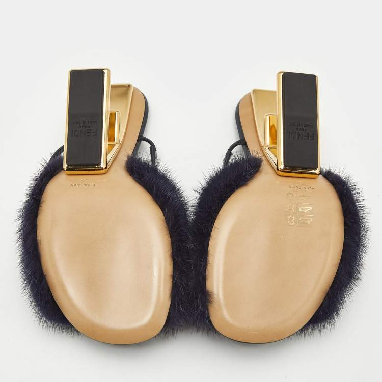 Pre Owned Fendi Navy Blue Mink Fur and Leather Fendi First Slide Sandals Size 39