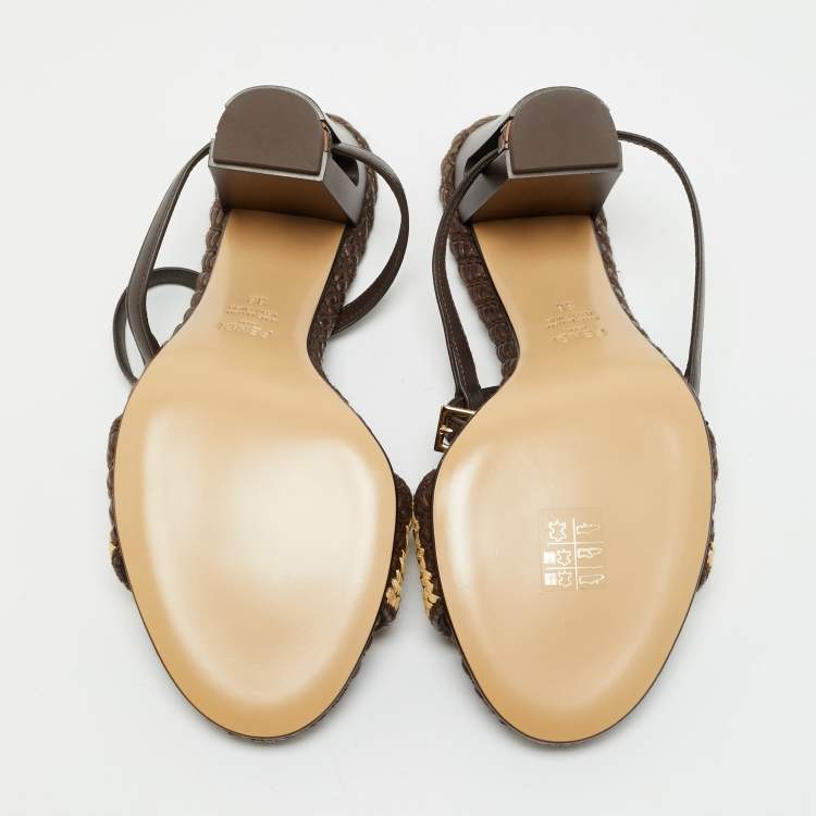 Pre Owned Fendi Brown/Beige Zucca Raffia and Leather Delfina Sandals Size 38