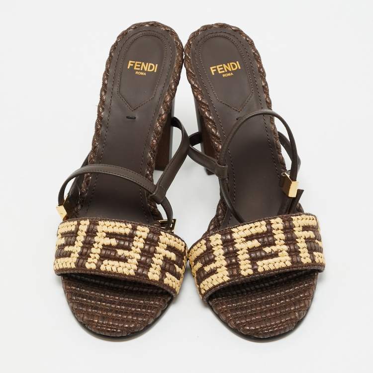 Pre Owned Fendi Brown/Beige Zucca Raffia and Leather Delfina Sandals Size 38