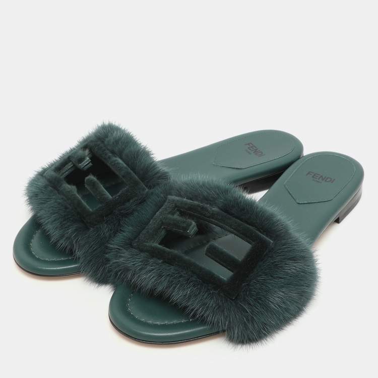 Pre Owned Fendi Green Mink Fur Baguette Slide Sandals Size 36