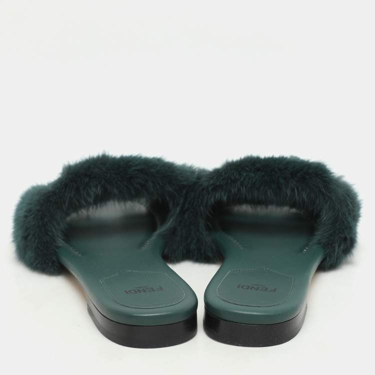 Pre Owned Fendi Green Mink Fur Baguette Slide Sandals Size 36