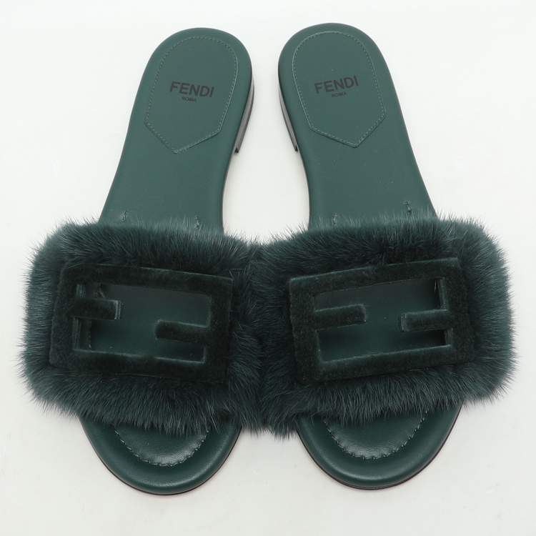 Pre Owned Fendi Green Mink Fur Baguette Slide Sandals Size 36