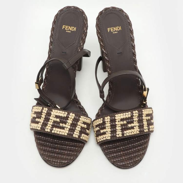 Pre Owned Fendi Brown/Beige Zucca Raffia and Leather Delfina Sandals Size 40