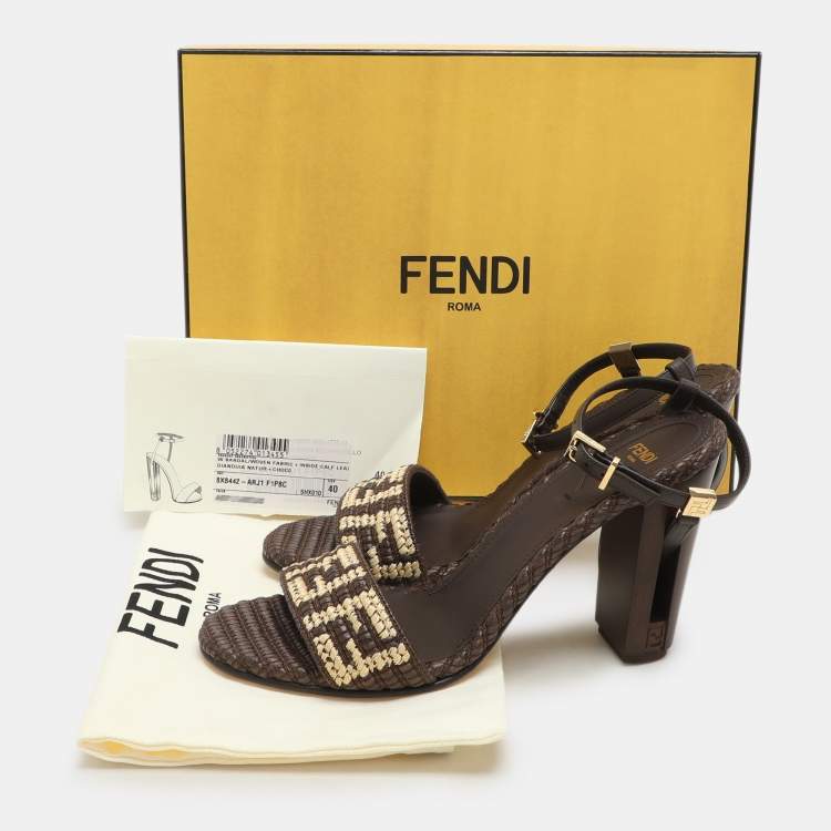 Pre Owned Fendi Brown/Beige Zucca Raffia and Leather Delfina Sandals Size 40