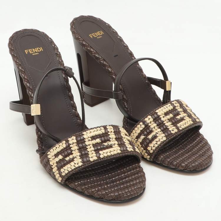 Pre Owned Fendi Brown/Beige Zucca Raffia and Leather Delfina Sandals Size 40