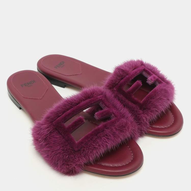 Pre Owned Fendi Purple Mink Fur Baguette Flat Slides Size 37