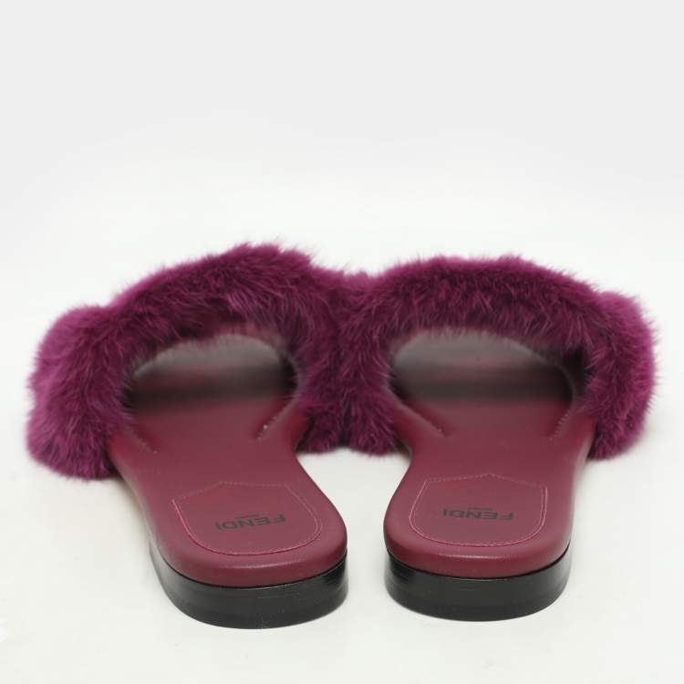 Pre Owned Fendi Purple Mink Fur Baguette Flat Slides Size 37