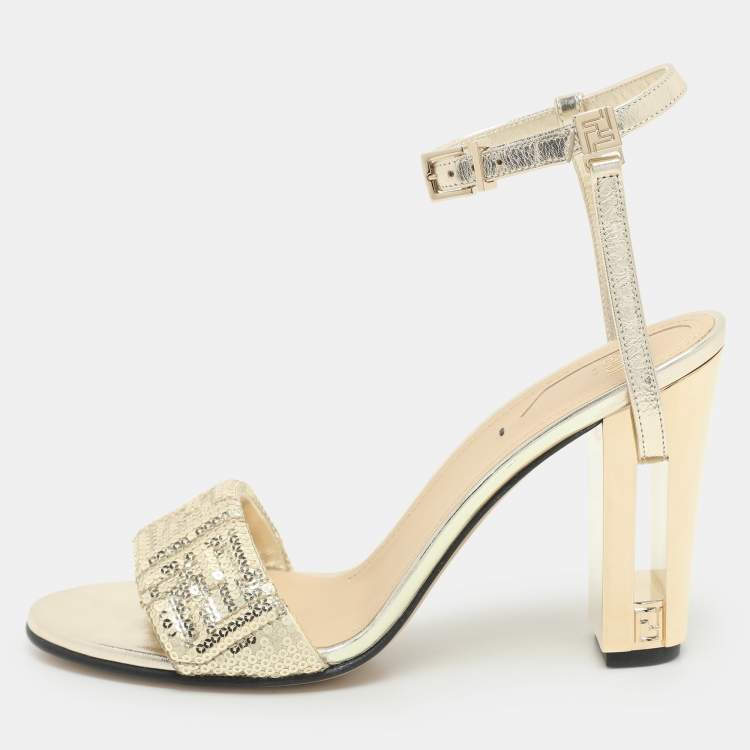 Pre Owned Fendi Gold Leather and Sequins Delfina Ankle Strap Sandals Size 38