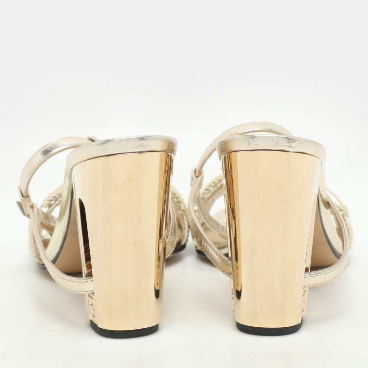 Pre Owned Fendi Gold Leather and Sequins Delfina Ankle Strap Sandals Size 38