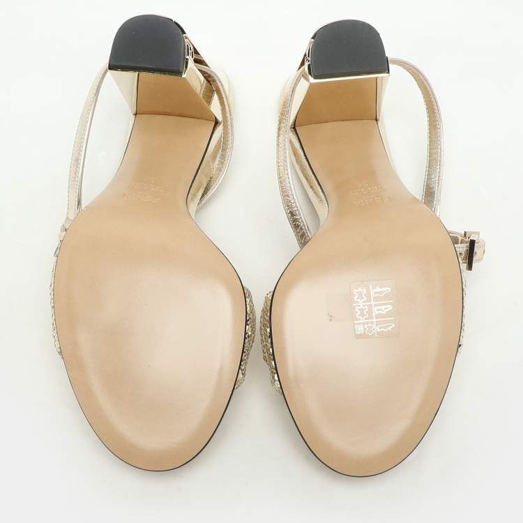 Pre Owned Fendi Gold Leather and Sequins Delfina Ankle Strap Sandals Size 38