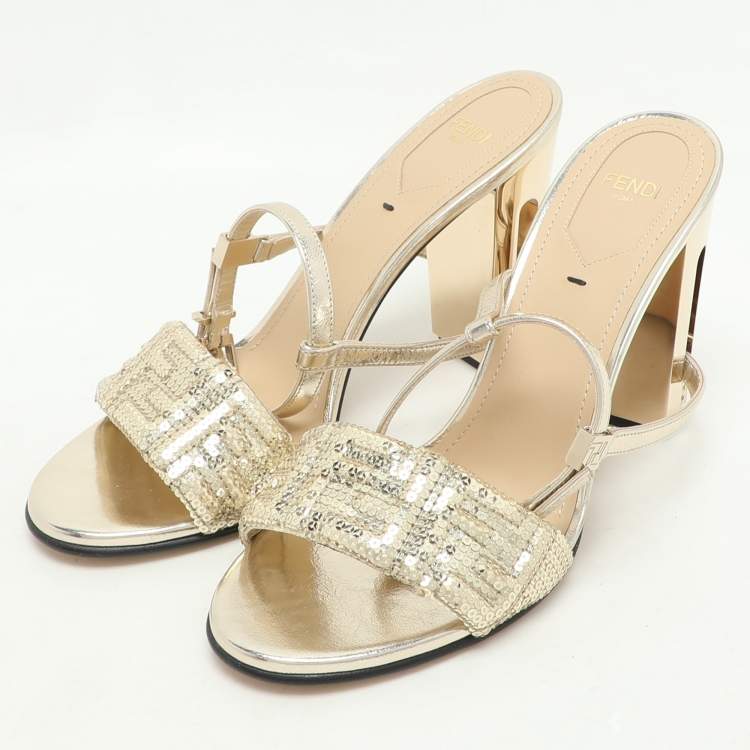 Pre Owned Fendi Gold Leather and Sequins Delfina Ankle Strap Sandals Size 38