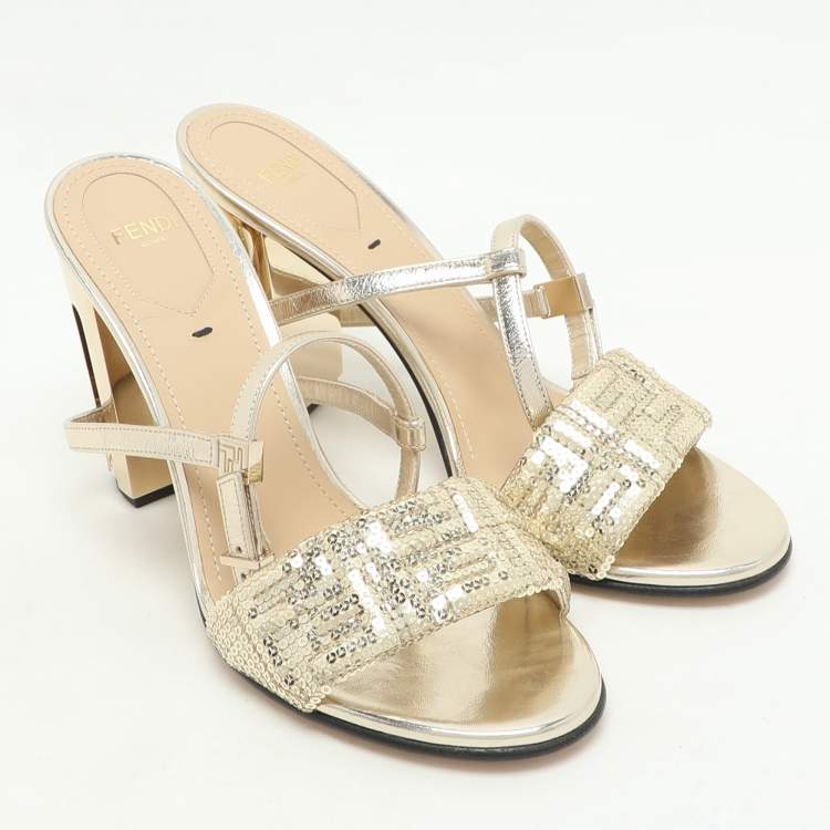 Pre Owned Fendi Gold Leather and Sequins Delfina Ankle Strap Sandals Size 38