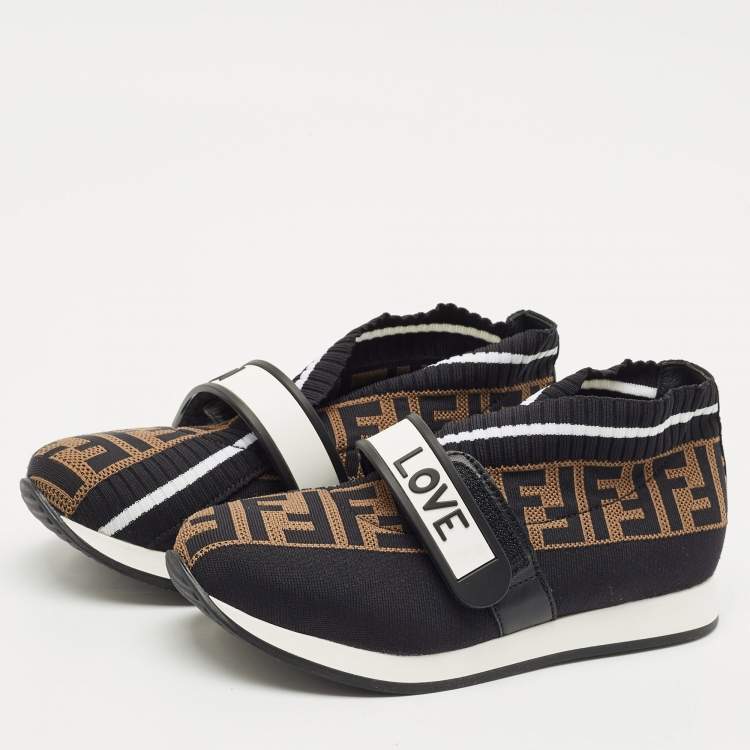 Pre Owned Fendi Black/Brown Zucca Print Knit Fabric Rockoko Sneakers Size 34