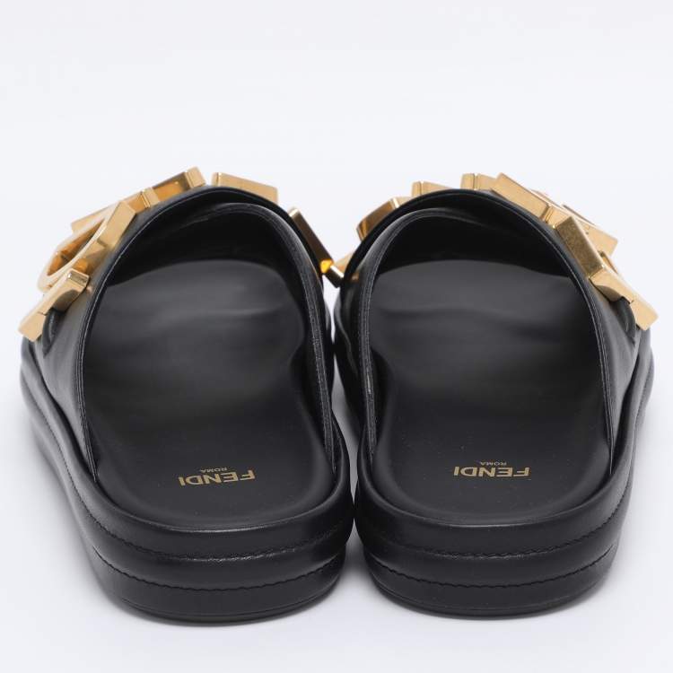 Pre Owned Fendi Black Leather Fendigraphy Flat Slides Size 37
