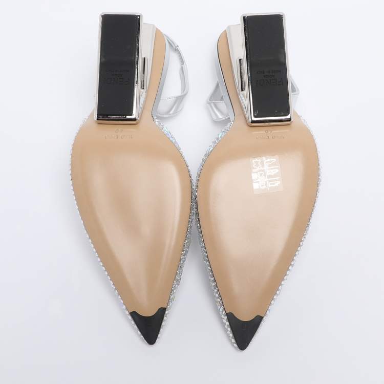Pre Owned Fendi Silver Leather and Tulle Fendi First Crystal Embellished Slingback Sandals Size 40