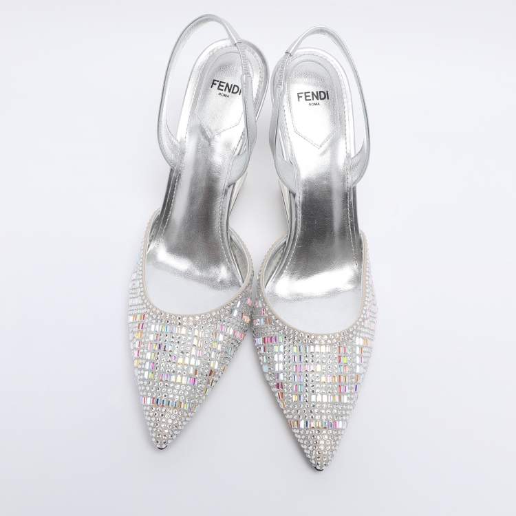 Pre Owned Fendi Silver Leather and Tulle Fendi First Crystal Embellished Slingback Sandals Size 40