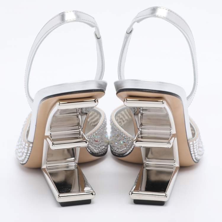Pre Owned Fendi Silver Leather and Tulle Fendi First Crystal Embellished Slingback Sandals Size 40