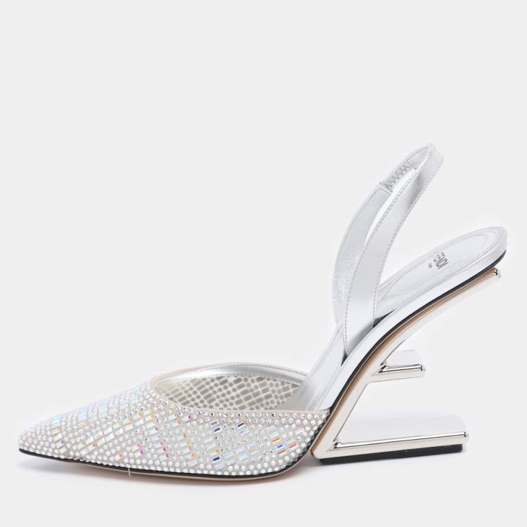 Pre Owned Fendi Silver Leather and Tulle Fendi First Crystal Embellished Slingback Sandals Size 40