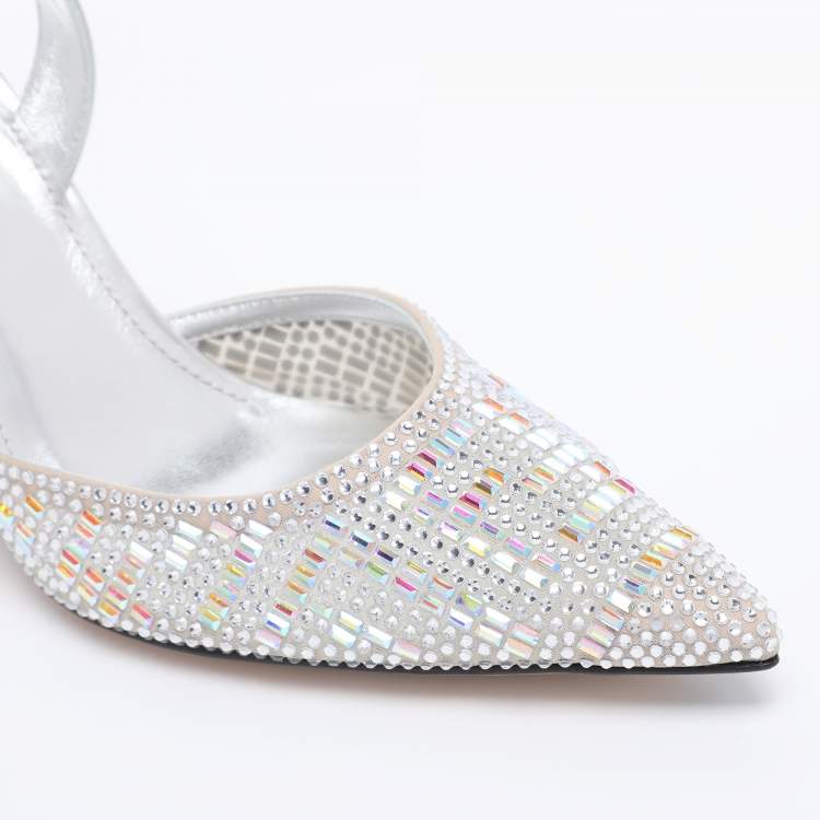 Pre Owned Fendi Silver Leather and Tulle Fendi First Crystal Embellished Slingback Sandals Size 40