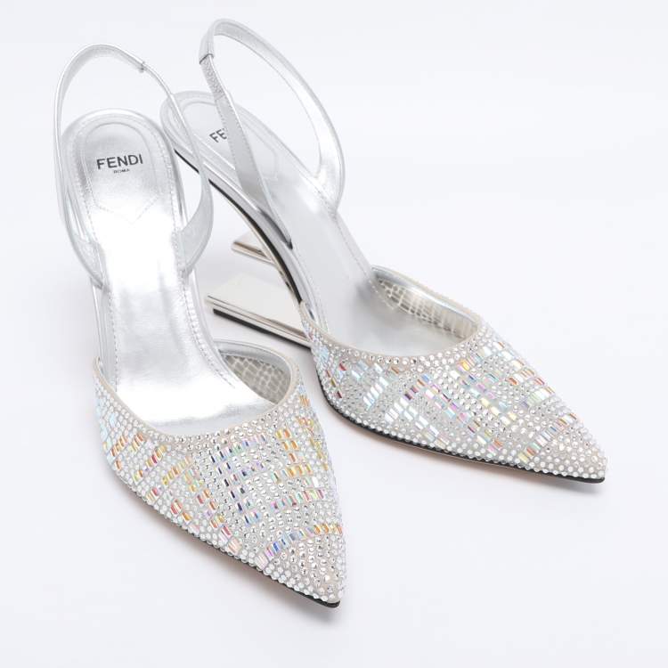Pre Owned Fendi Silver Leather and Tulle Fendi First Crystal Embellished Slingback Sandals Size 40