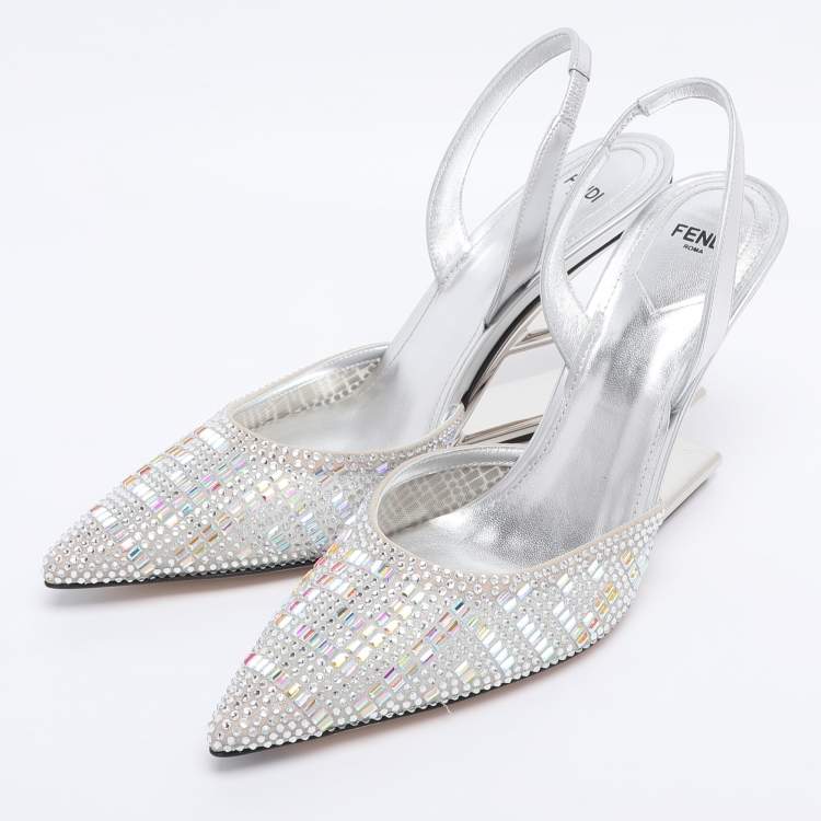 Pre Owned Fendi Silver Leather and Tulle Fendi First Crystal Embellished Slingback Sandals Size 40