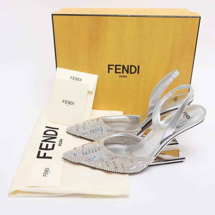 Pre Owned Fendi Silver Leather and Tulle Fendi First Crystal Embellished Slingback Sandals Size 40