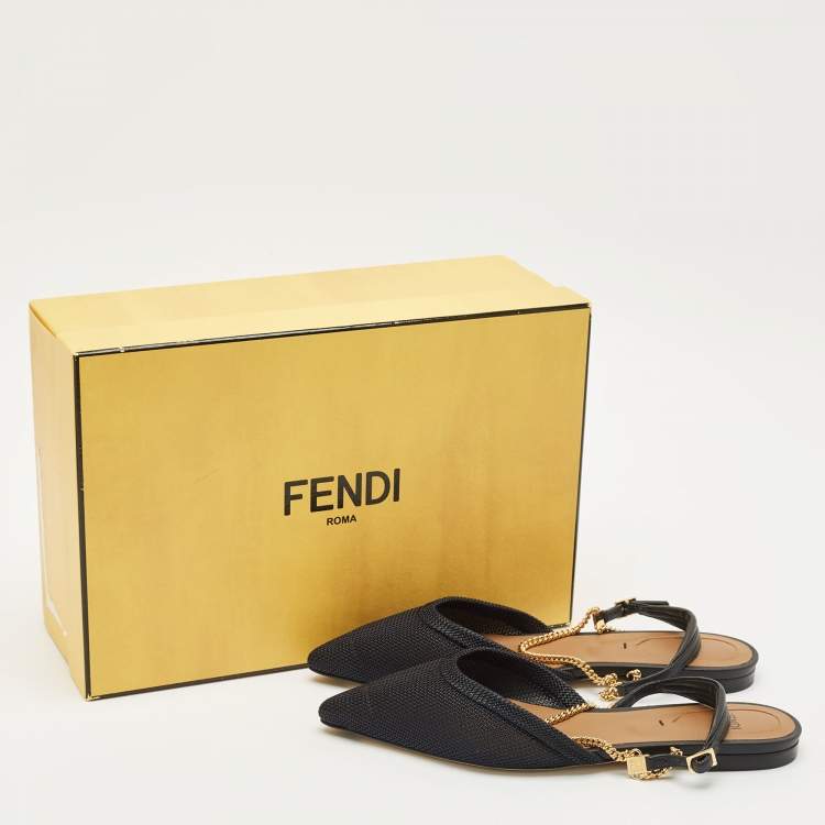 Pre Owned Fendi Black Canvas and Leather Chain-Link Flat Sandals Size 37.5
