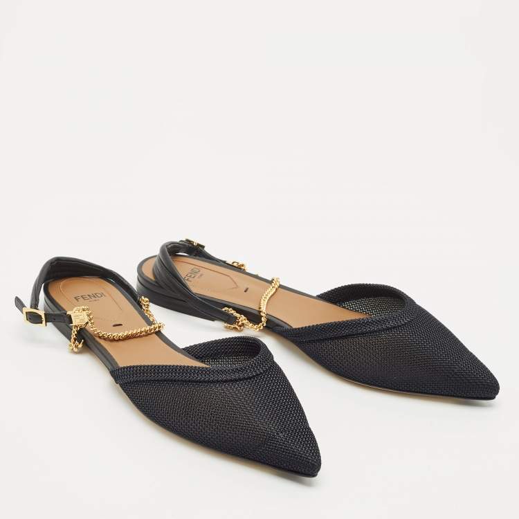 Pre Owned Fendi Black Canvas and Leather Chain-Link Flat Sandals Size 37.5