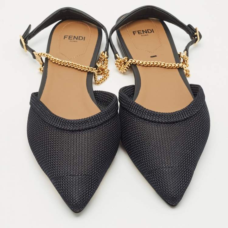 Pre Owned Fendi Black Canvas and Leather Chain-Link Flat Sandals Size 37.5