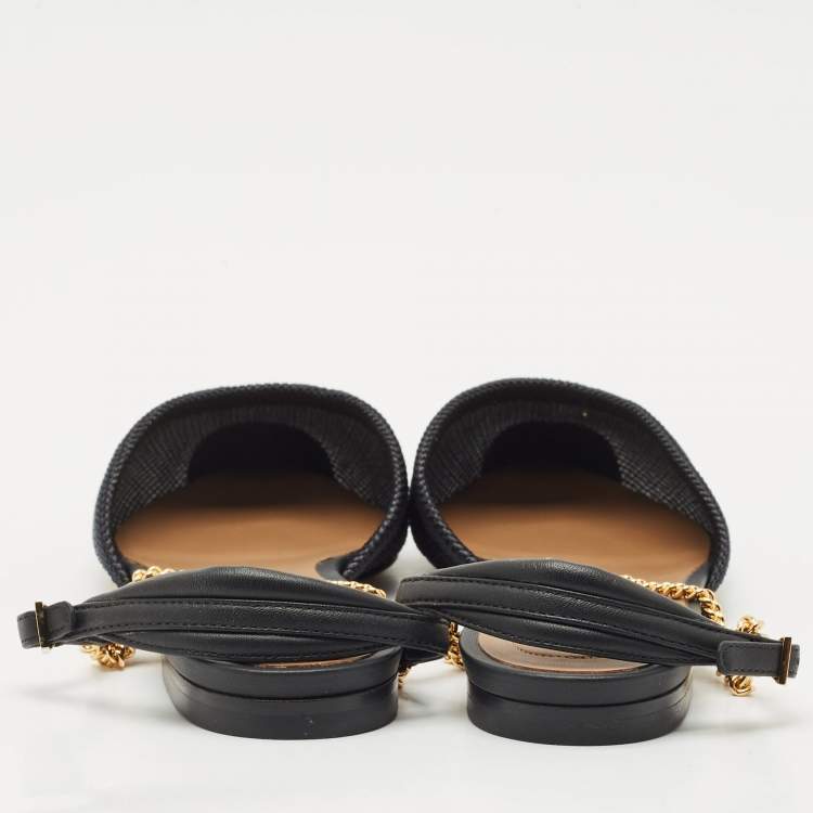 Pre Owned Fendi Black Canvas and Leather Chain-Link Flat Sandals Size 37.5