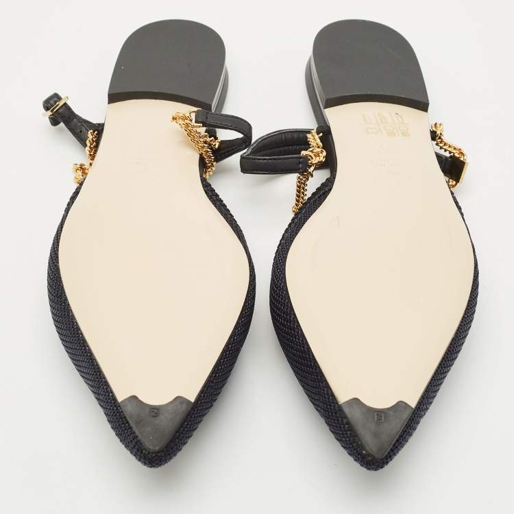 Pre Owned Fendi Black Canvas and Leather Chain-Link Flat Sandals Size 37.5