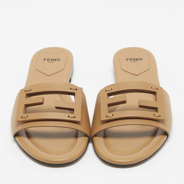Pre Owned Fendi Beige Leather Baguette Flat Slides Size 38.5