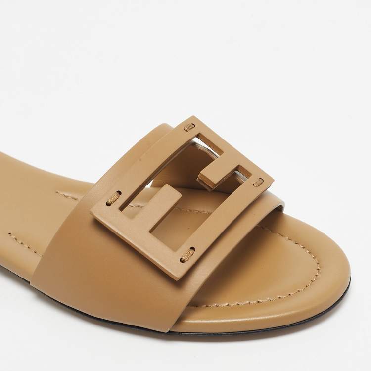 Pre Owned Fendi Beige Leather Baguette Flat Slides Size 38.5