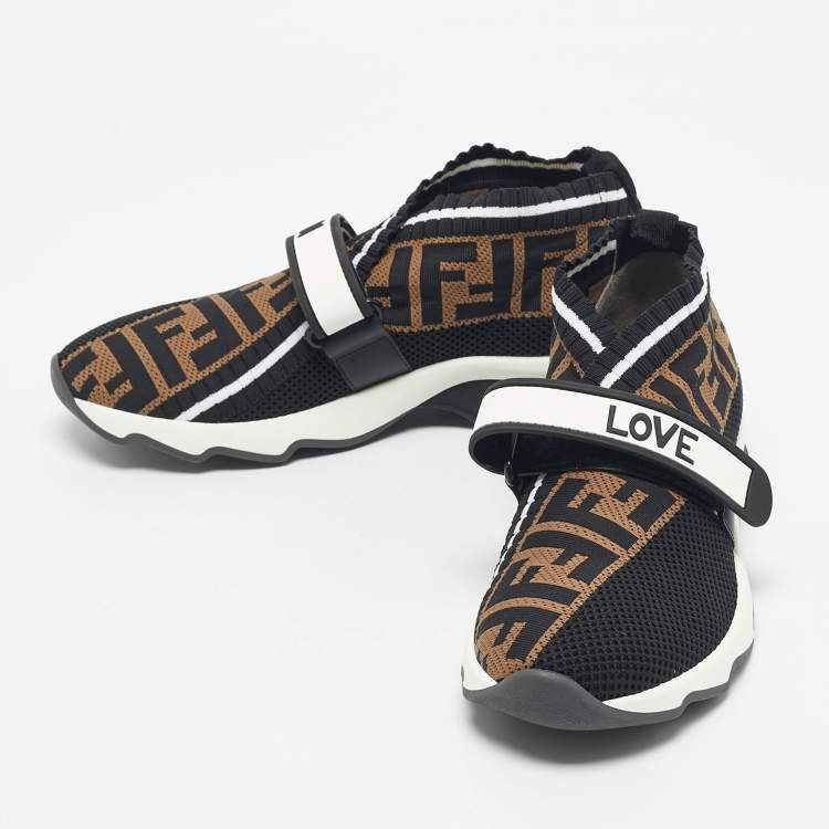 Pre Owned Fendi Black/Brown Zucca Knit Fabric Rockoko Slip On Sneakers Size 37