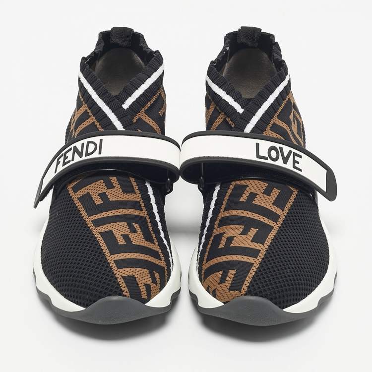 Pre Owned Fendi Black/Brown Zucca Knit Fabric Rockoko Slip On Sneakers Size 37
