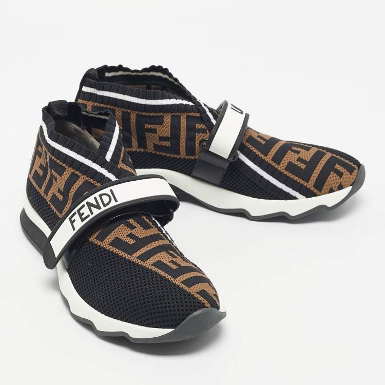 Pre Owned Fendi Black/Brown Zucca Knit Fabric Rockoko Slip On Sneakers Size 37
