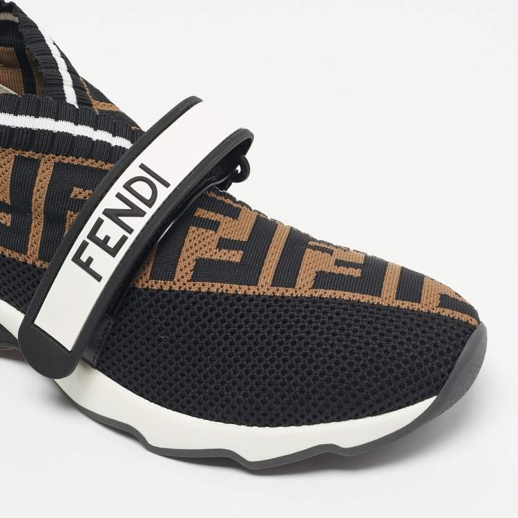 Pre Owned Fendi Black/Brown Zucca Knit Fabric Rockoko Slip On Sneakers Size 37