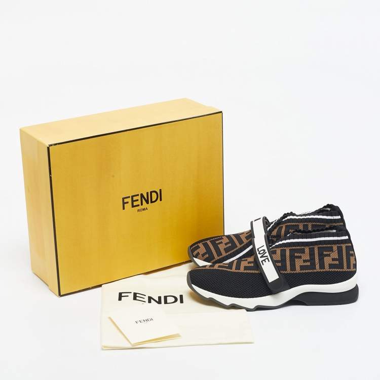 Pre Owned Fendi Black/Brown Zucca Knit Fabric Rockoko Slip On Sneakers Size 37