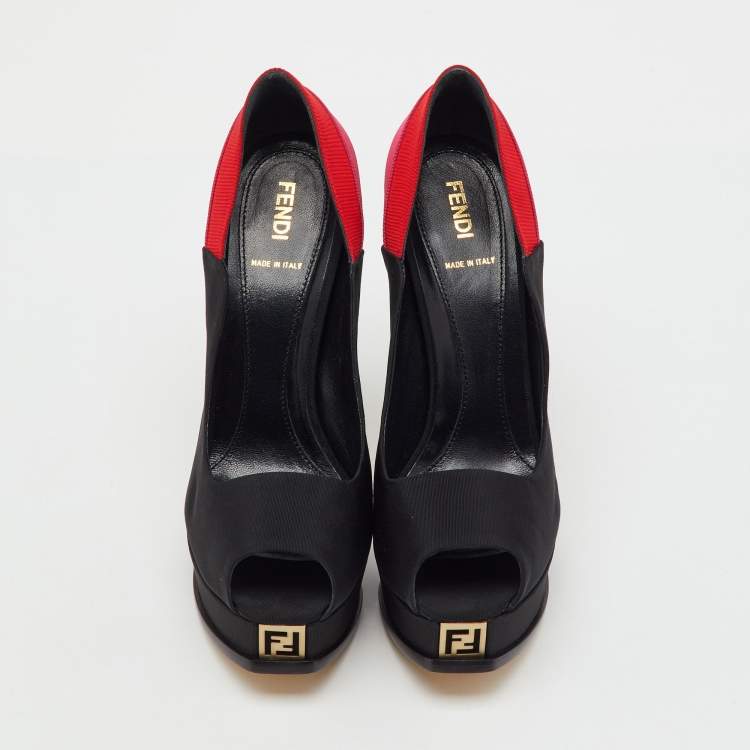 Pre Owned Fendi Tricolor Colorblock Canvas Fendista Peep Toe Platform Pumps Size 39.5