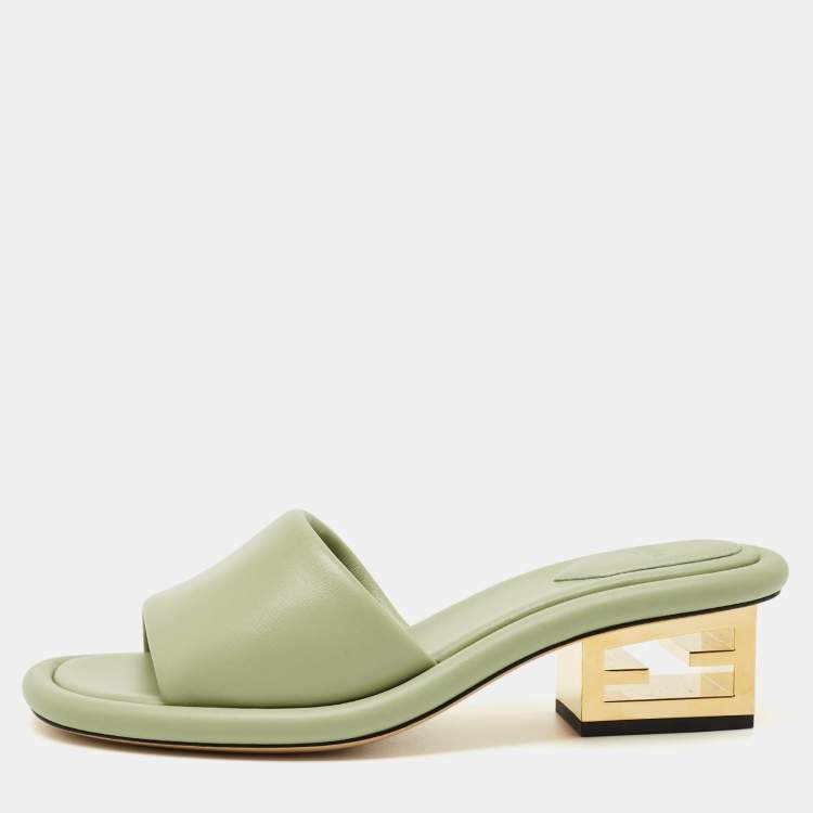 Pre Owned Fendi Green Leather Baguette Heel Slide Sandals Size 38.5