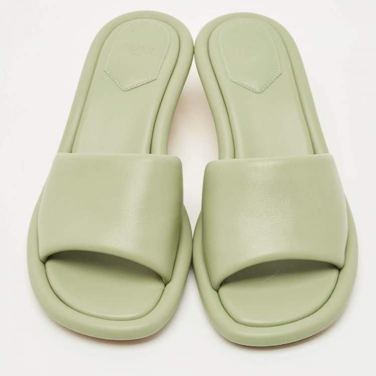 Pre Owned Fendi Green Leather Baguette Heel Slide Sandals Size 38.5