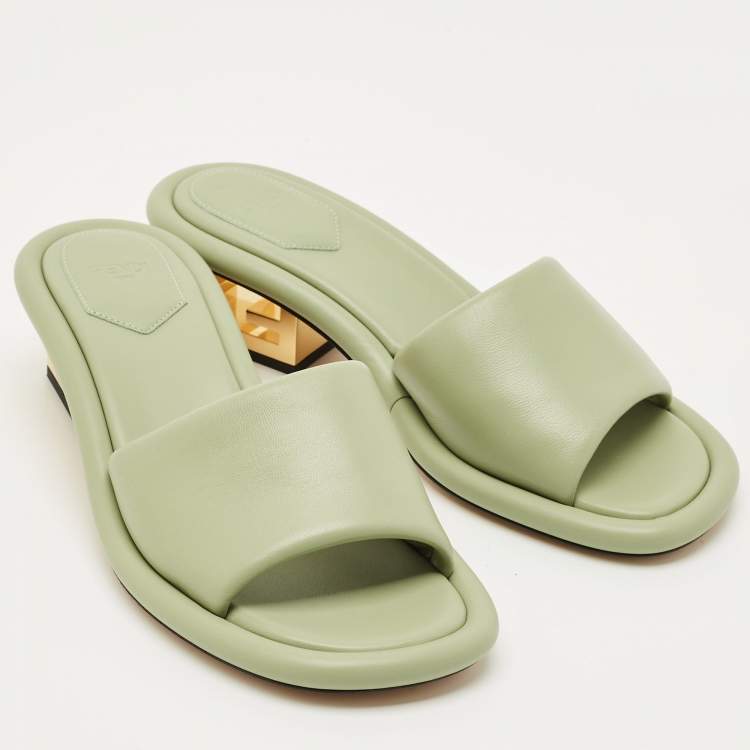 Pre Owned Fendi Green Leather Baguette Heel Slide Sandals Size 38.5
